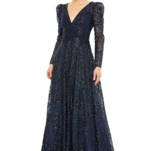 Mac Duggal Midnight Blue Sequin Long Sleeve A-Line Gown